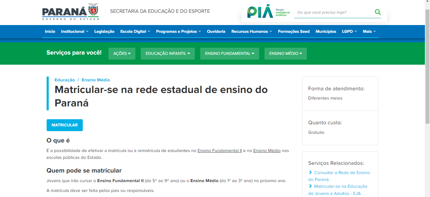 Matrícula Escolar Online Paraná 2023