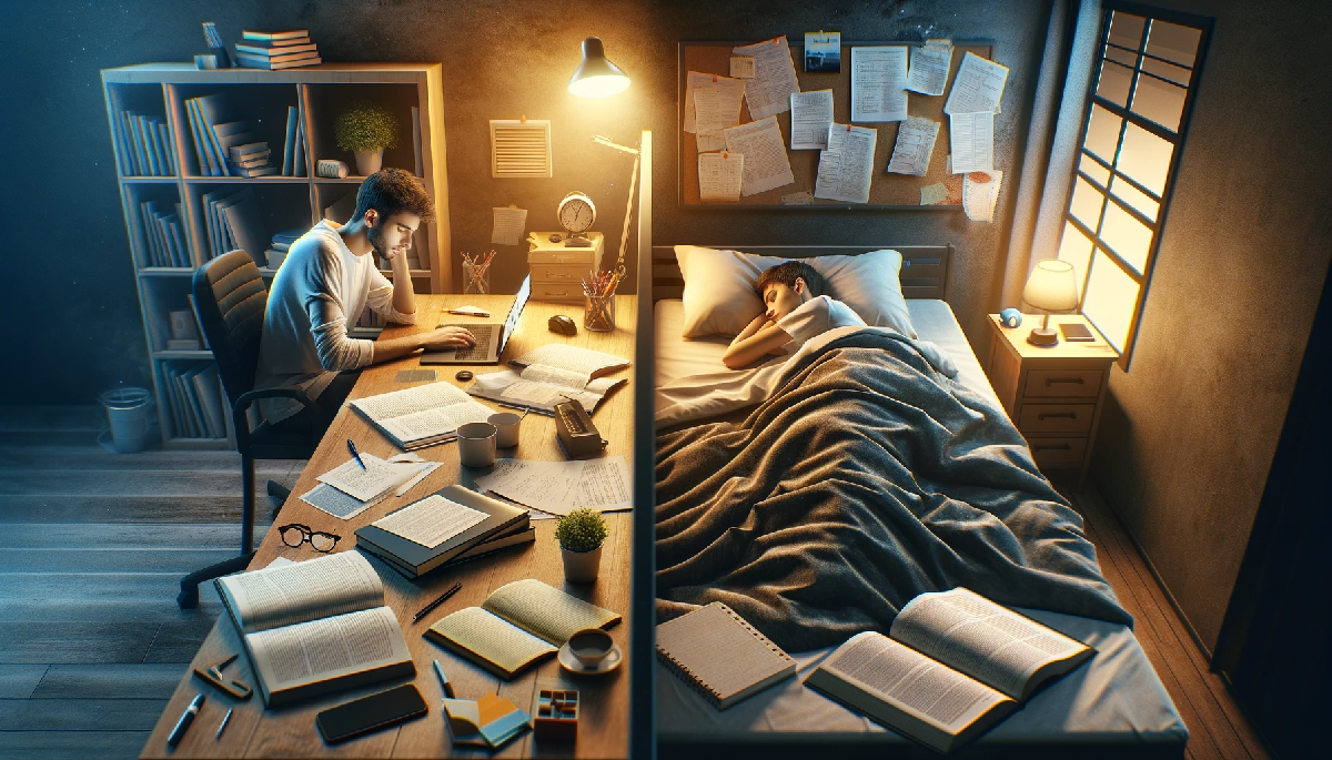 Montagem com imagens ilustrativas. Do lado esquerdo, jovem em uma bancada com livros estudando. Do lado direito, jovem deitado em sua cama dormindo