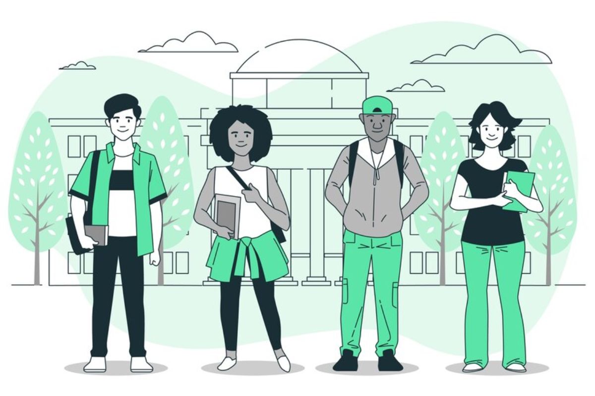 Uma ilustração de quatro estudantes em cores predominantes de branco e verde