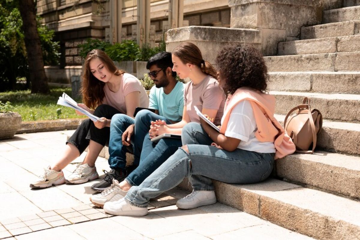 Quatro estudantes sentados na escada em frente à faculdade
