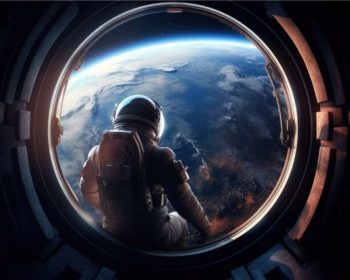 Um astronauta dentro da nave é visto de costas olhando para a Terra