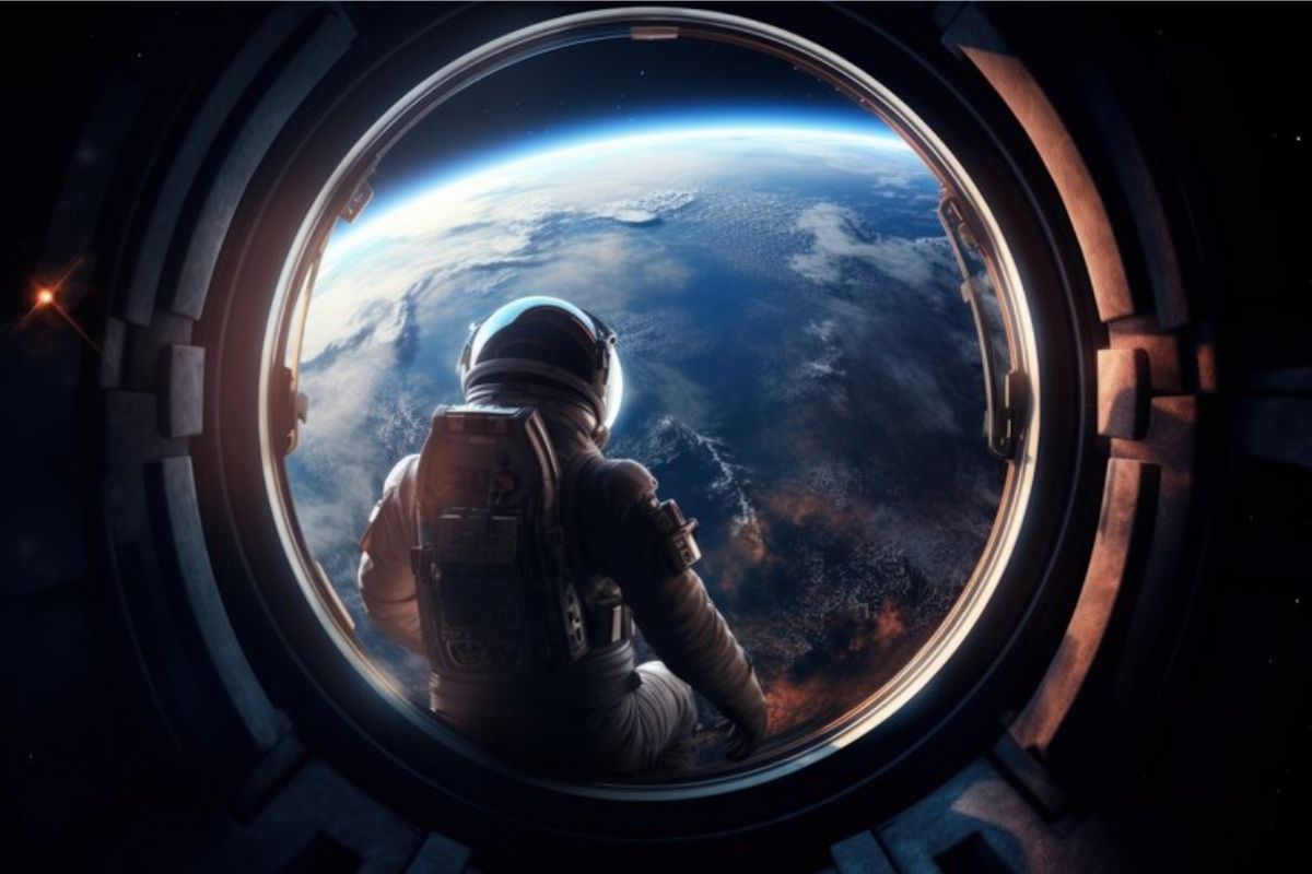 Um astronauta dentro da nave é visto de costas olhando para a Terra