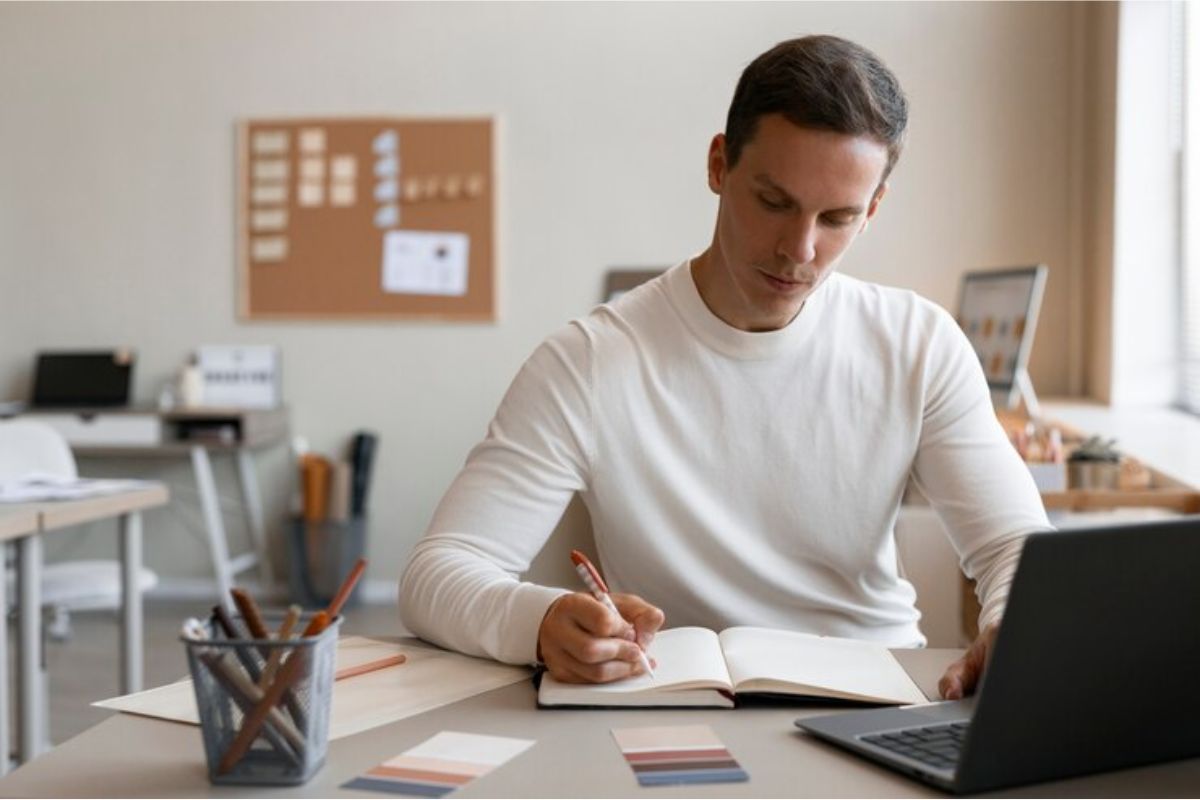 Um homem mexendo o notebook na sala da sua casa vendo as Vagas Remanescentes ProUni 2025 enquanto faz anotações em seu caderno