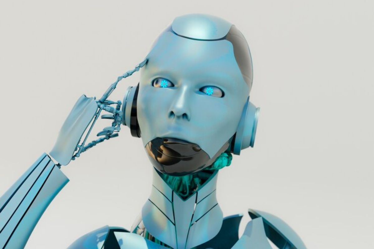 Imagem de um robô humanoide com um dedo na cabeça como se estivesse pensando