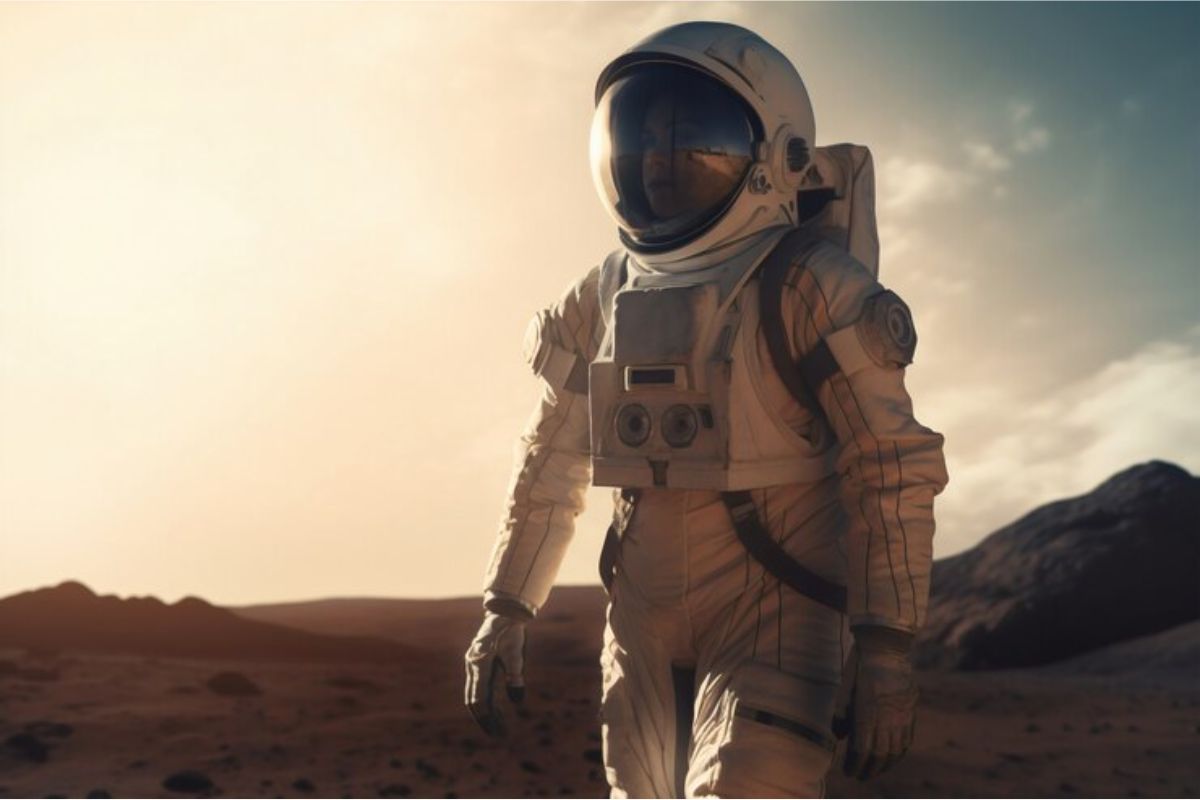 Um astronauta em superfície de um lugar com atmosfera avermelhada