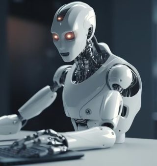 Um robô humanoide pesquisando no notebook sobre o Paradoxo de Moravec