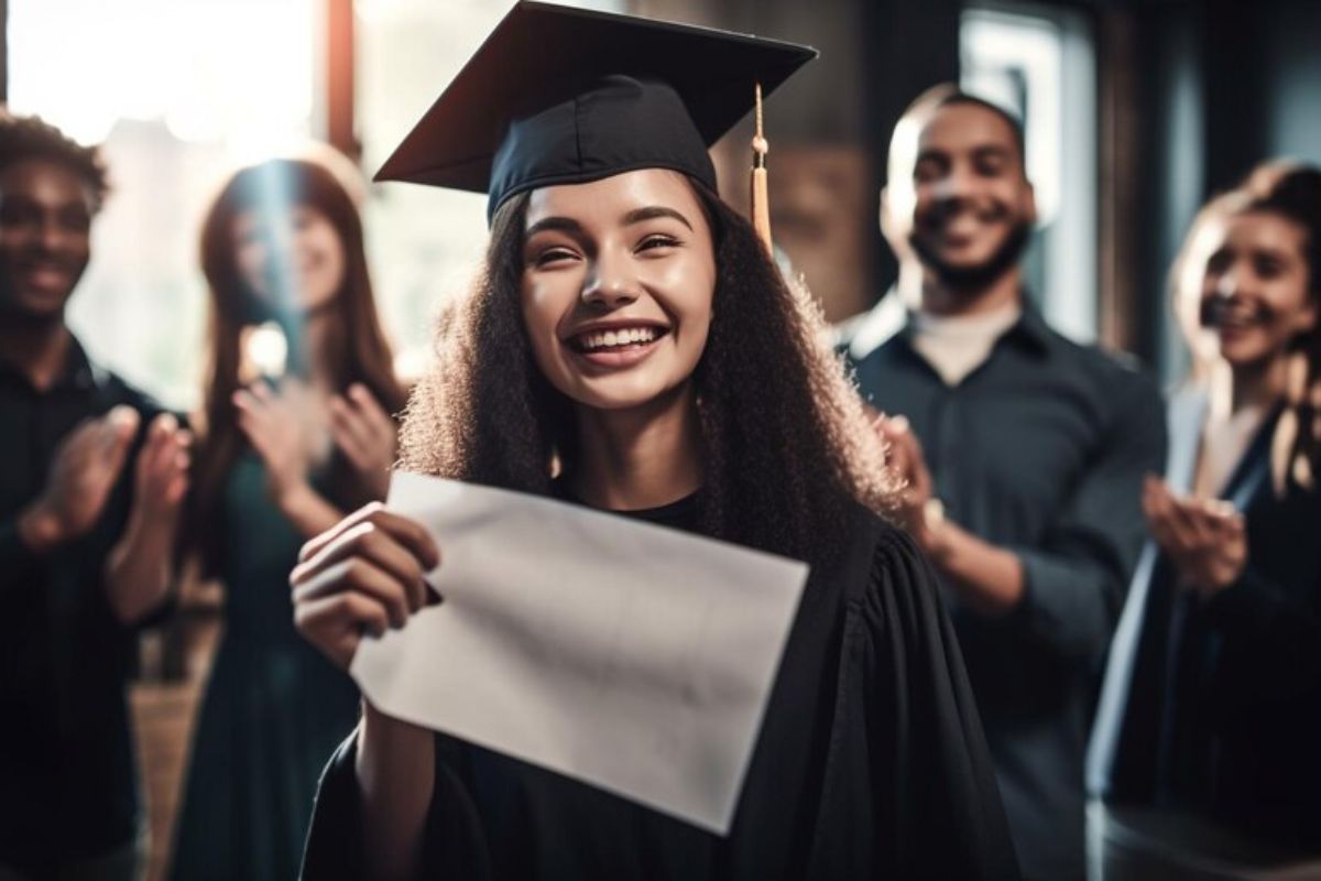 Uma estudante com beca de formatura segura o seu diploma e sorri. Alguns estudantes aparecem atrás sorrindo e comemorando