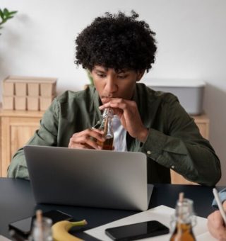 Um jovem bebendo refrigerante olha para o notebook na mesa em sua frente. Ele participa das Inscrições ETEC 2025