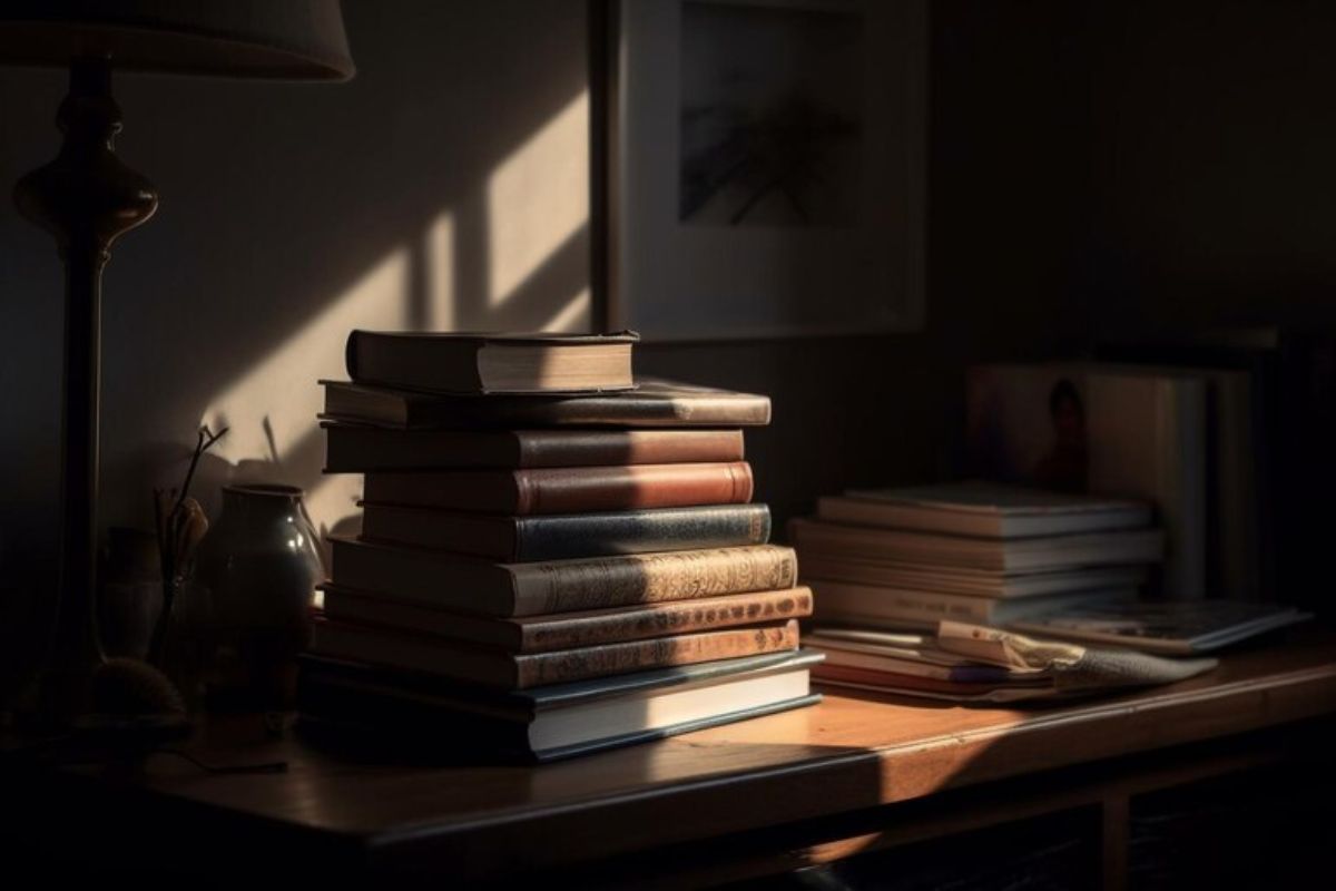 Imagem de uma pilha de livros em cima de uma mesa dentro de um escritório