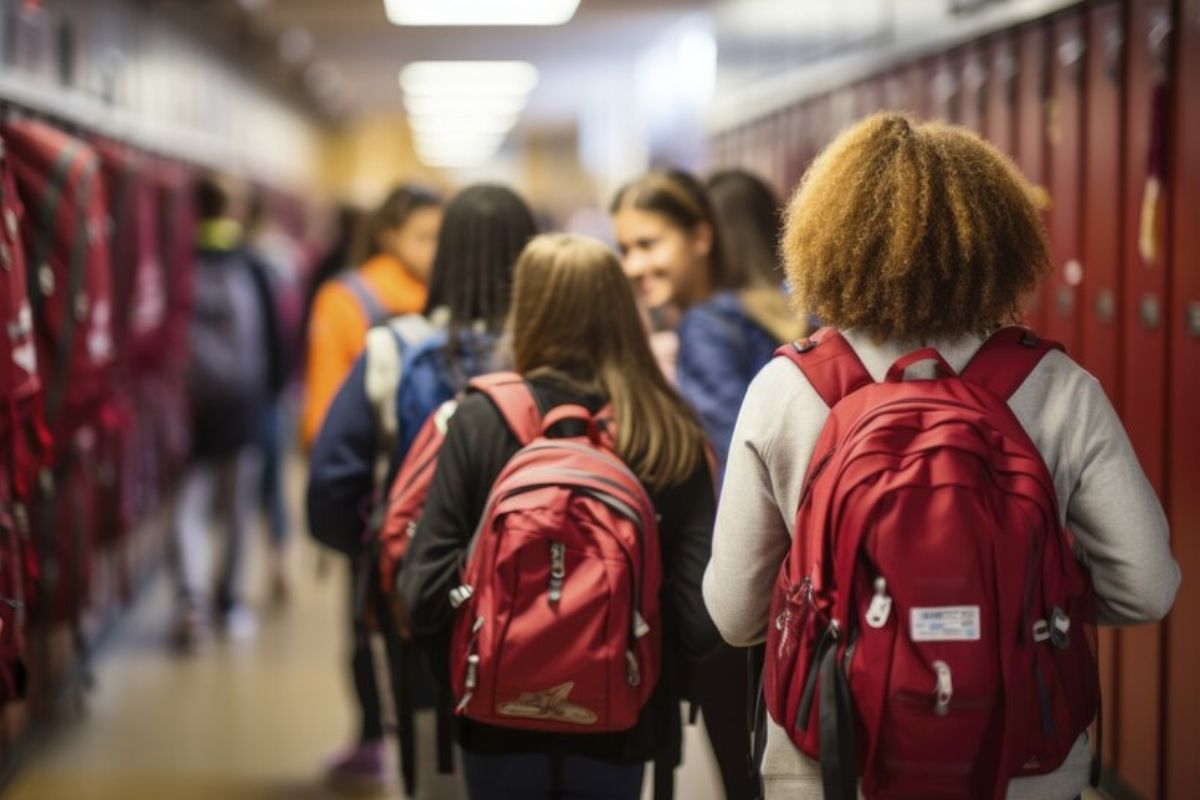 Alguns estudantes vistos de costas em um corredor da escola