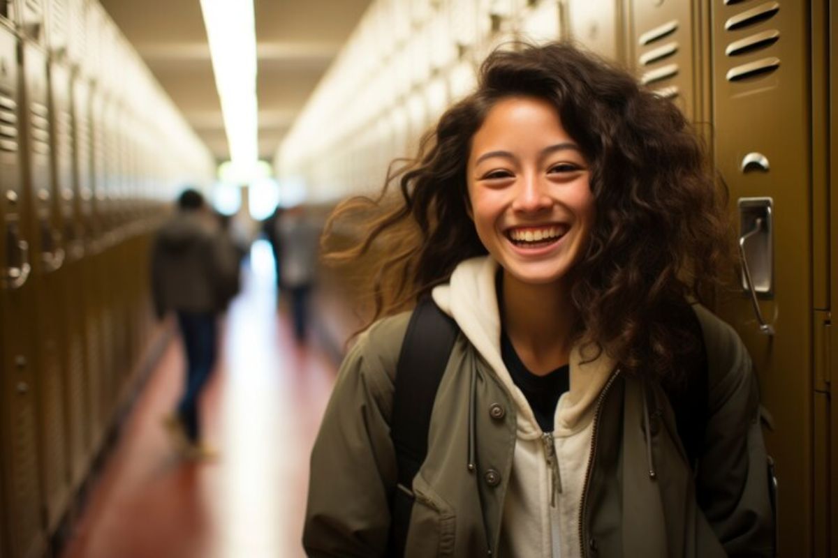 Uma estudante sorrindo no corredor de uma unidade que tem um dos cursos MAIS Concorridos da ETEC 2025