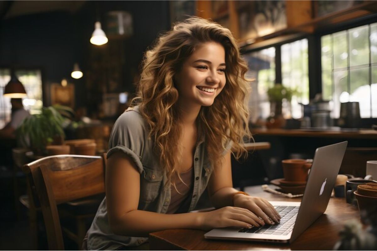 Uma estudante sorri usando seu notebook para estudar o Curso de Recursos Humanos ETEC 2025