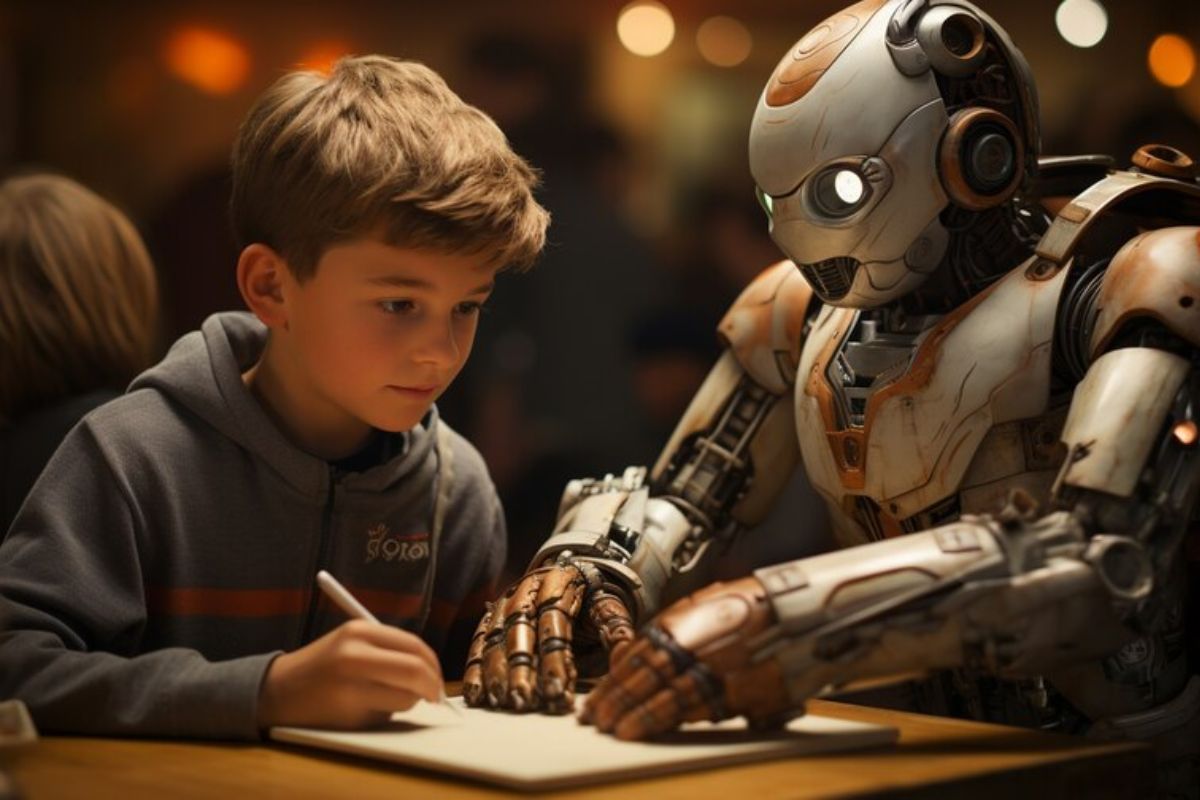 Uma criança ao lado de um robô. Ele lhe ensina um curso de robótica para crianças