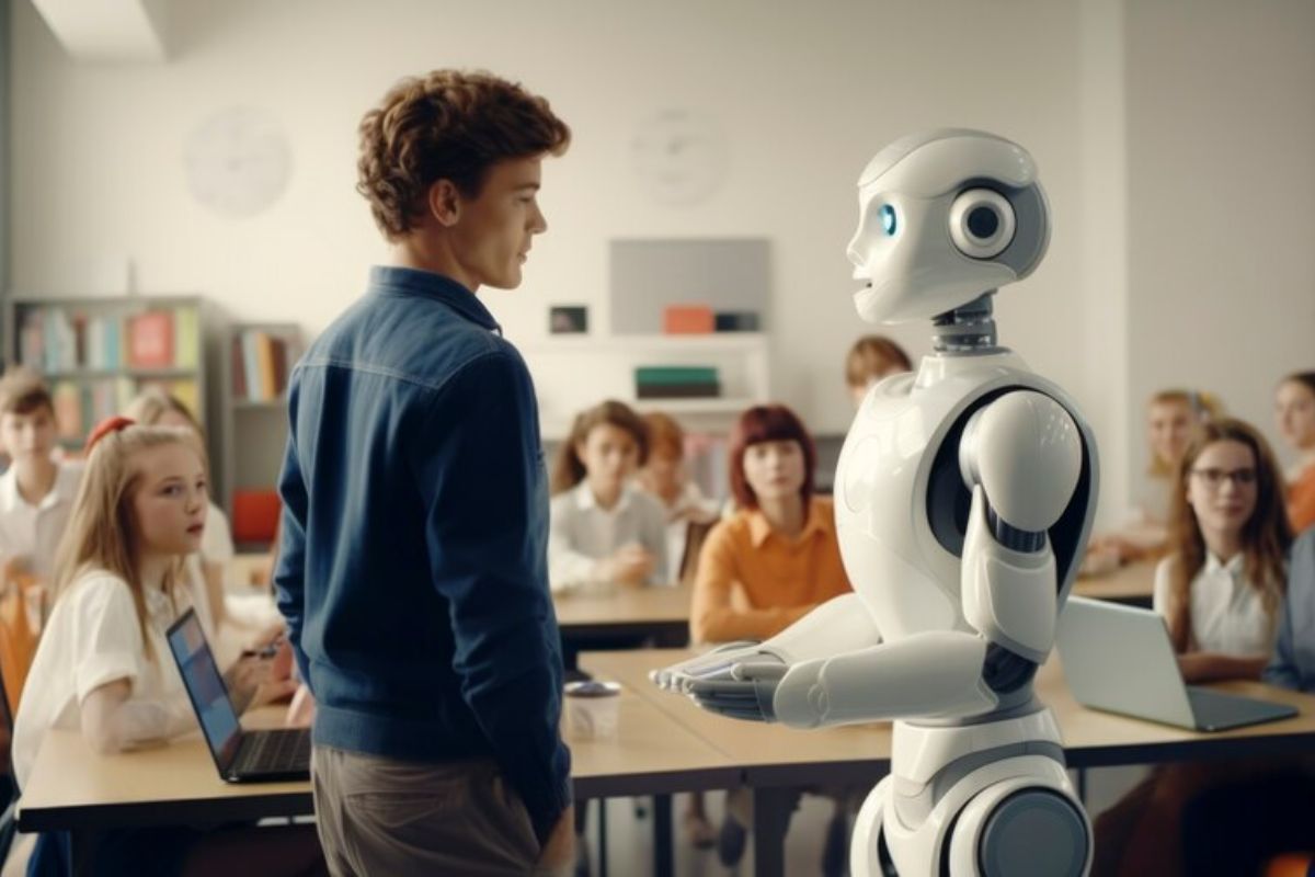 Um estudante ao lado de um professor robô em frente a turma na sala de aula