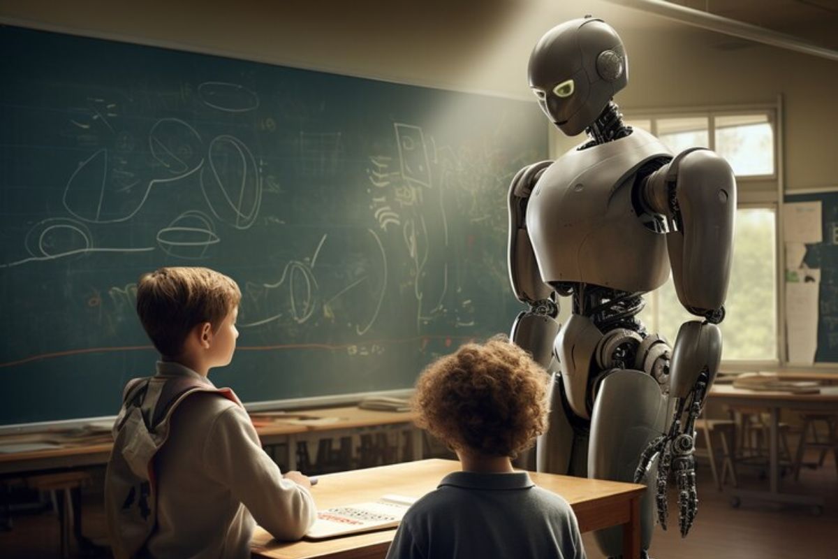 Duas crianças na sala de aula em frente ao professor que é um robô