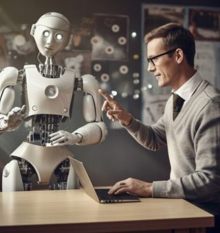 Um homem estuda um Curso de Inteligência Artificial 2024 em seu notebook e ao fundo há um robô branco o observando
