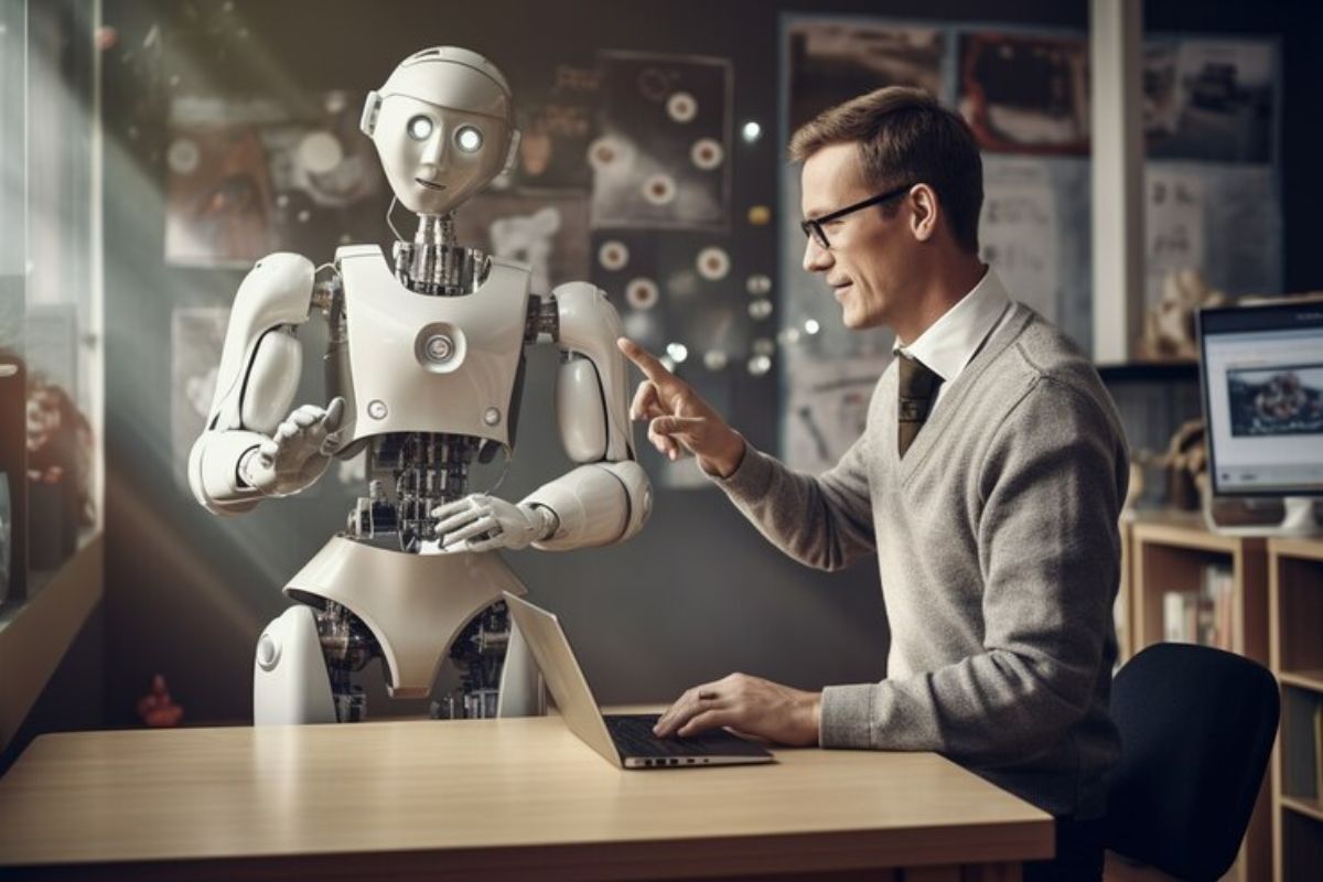 Um homem estuda um Curso de Inteligência Artificial 2024 em seu notebook e ao fundo há um robô branco o observando