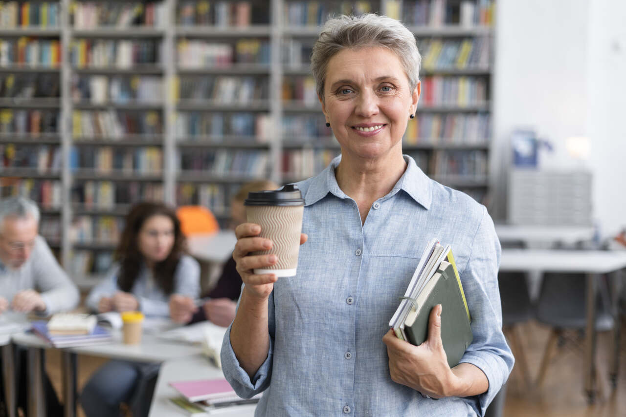 Mulher adulta posa com cadernos e copo de café nas mãos diante colegas de estudo em biblioteca 