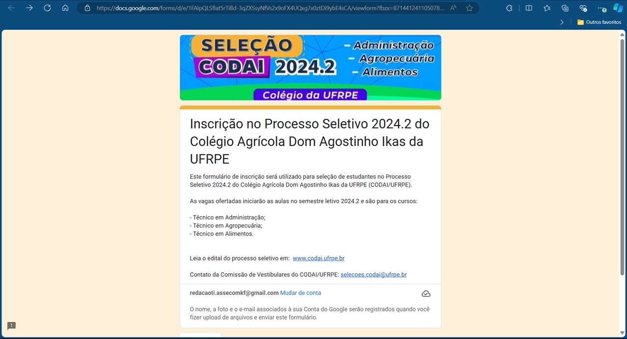 Formulário online de inscrição cursos técnicos da UFRPE