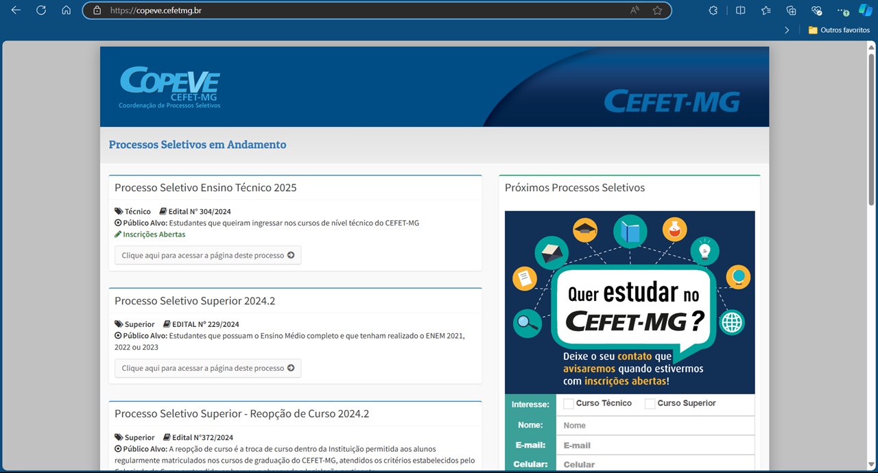 Portal dos Processos Seletivos da CEFET MG 